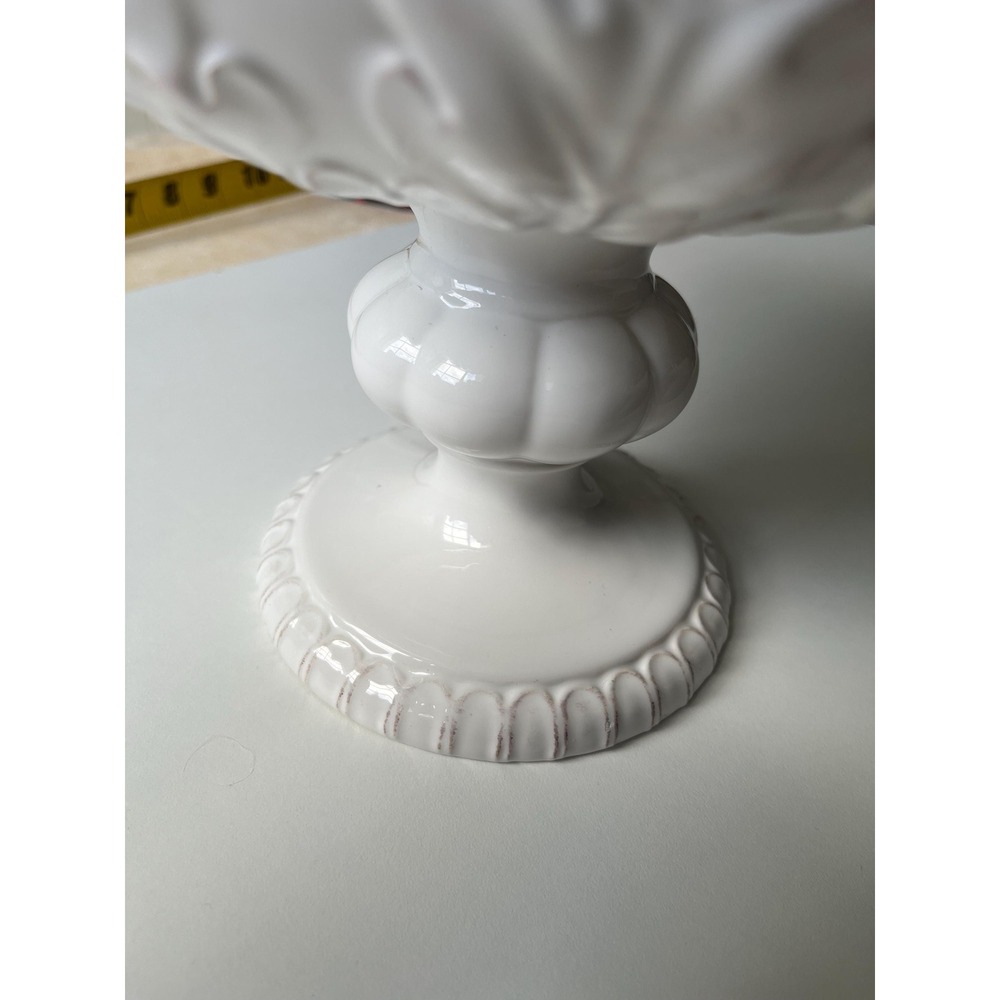 White Ceramic Pedestal Compote raised leaf design French Provincial Isaac - Picture 7 of 7